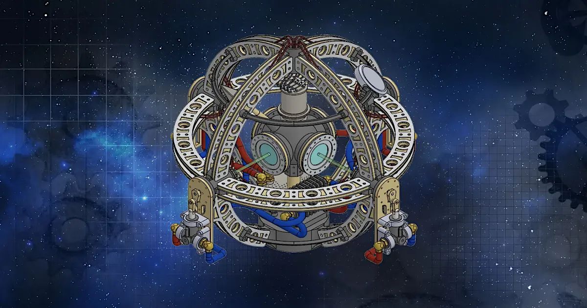 An intricate, circular steampunk engine with interlocking gears and glowing portals floating against a blue, starry cosmic background.