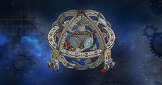 An intricate, circular steampunk engine with interlocking gears and glowing portals floating against a blue, starry cosmic background.