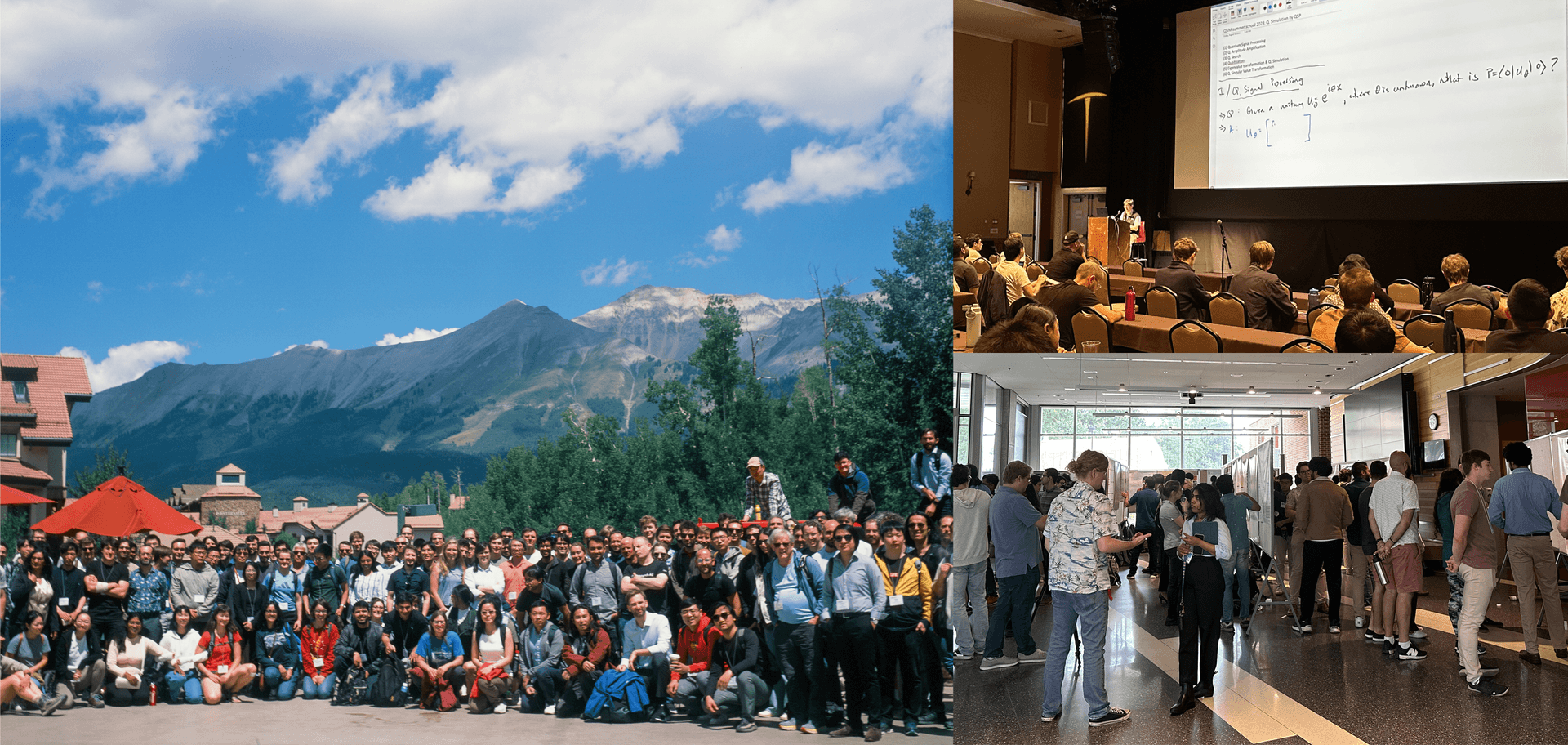A collage showing the group photo from QSim, a Summer School lecture, and the Annual Workshop poster session