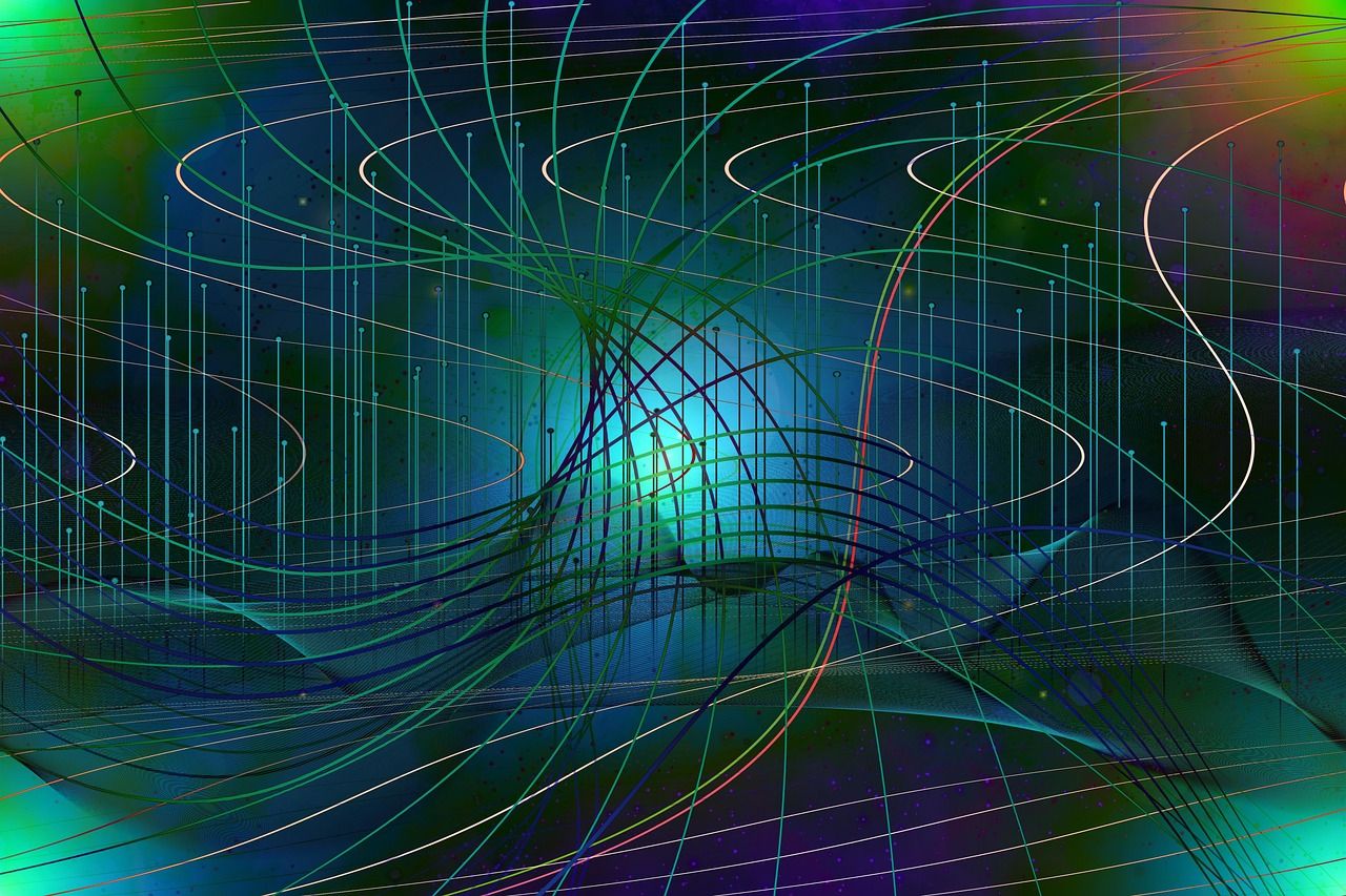 Light blue straight lines vertically connect small spots, while green, white and red lines swirl and bend against a splotch background on blues, purples, greens and traces of pinks. 